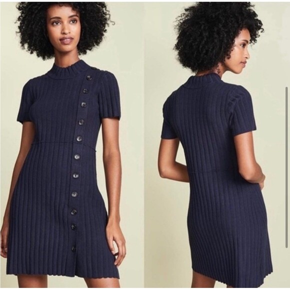 Free People Navy Rib Knit Sweater Mini Dress Short Sleeves Asymmetric Buttons S - Picture 1 of 10